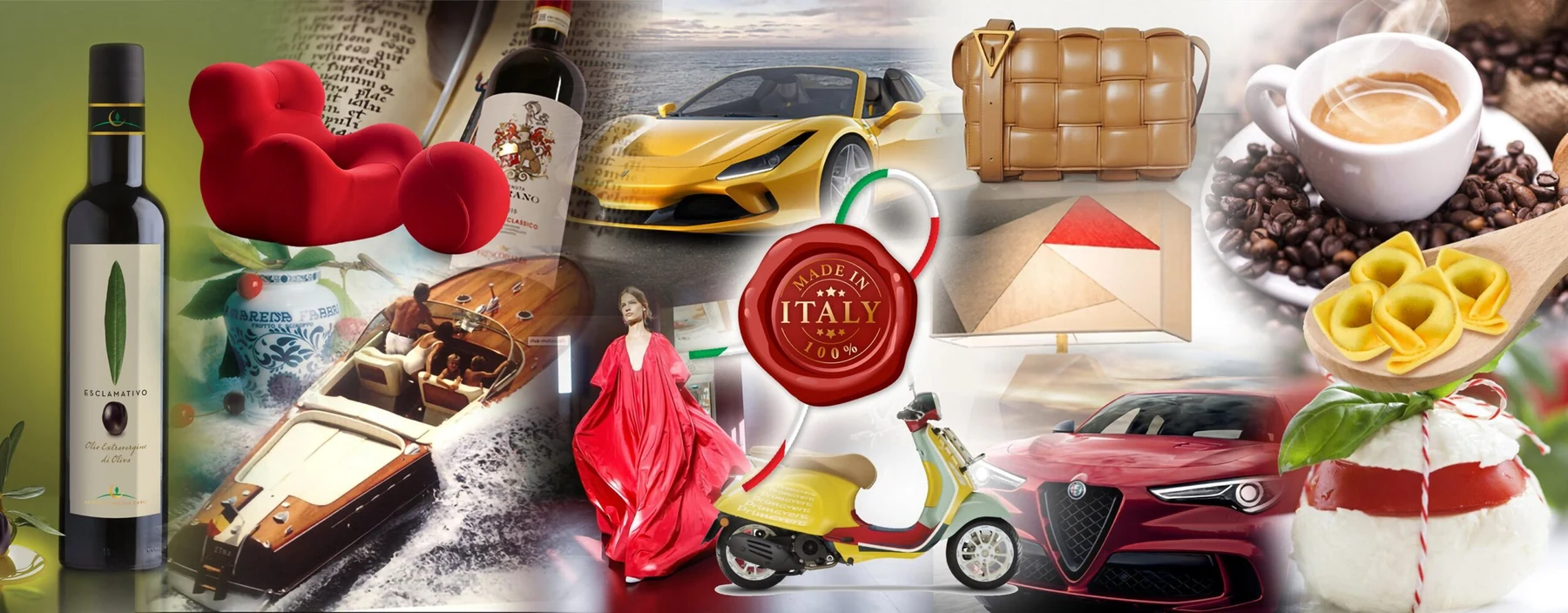 Made in Italy collage of Italian food, design, fashion, vehicles and craftsmanship