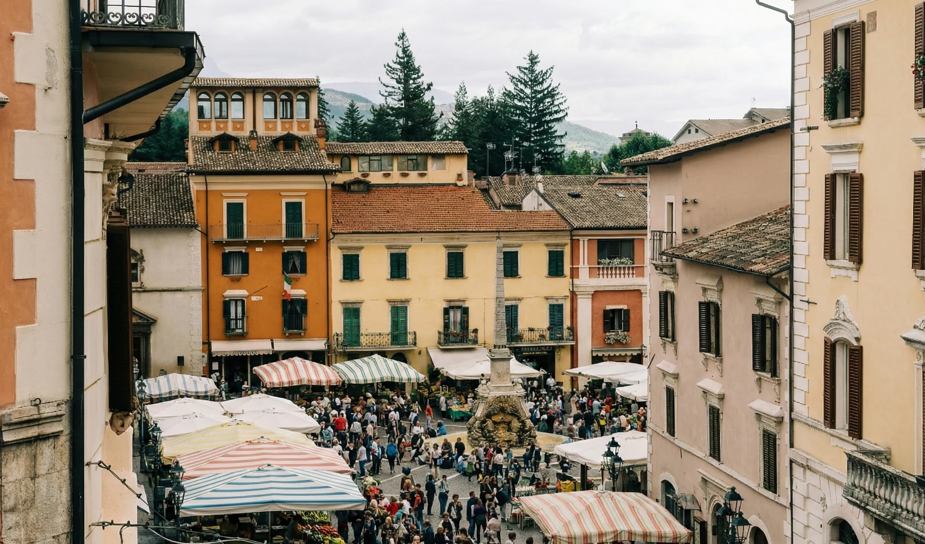 Italian piazza with colorful market stalls